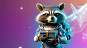 Изображение енота в солнечных очках с скипетром, празднующего с воздушными шарами и золотыми монетами, символизирующее приветственный бонус в Казино Болливуд.